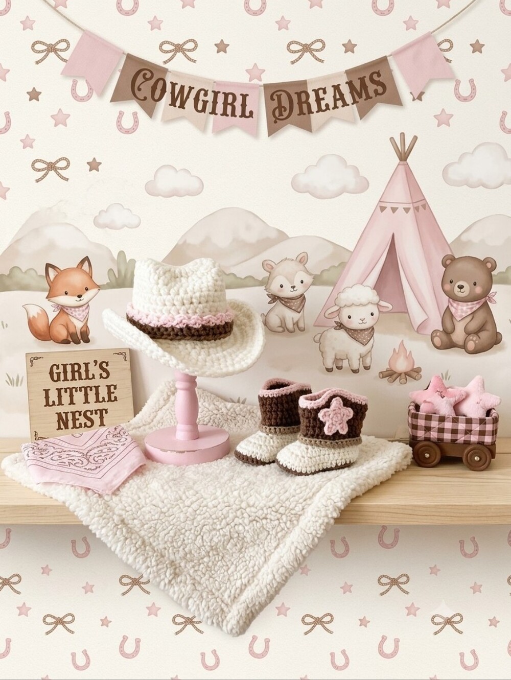 Handmade Crochet Baby Girl Cream & Pink Cowgirl Cowboy Hat and Booties Set